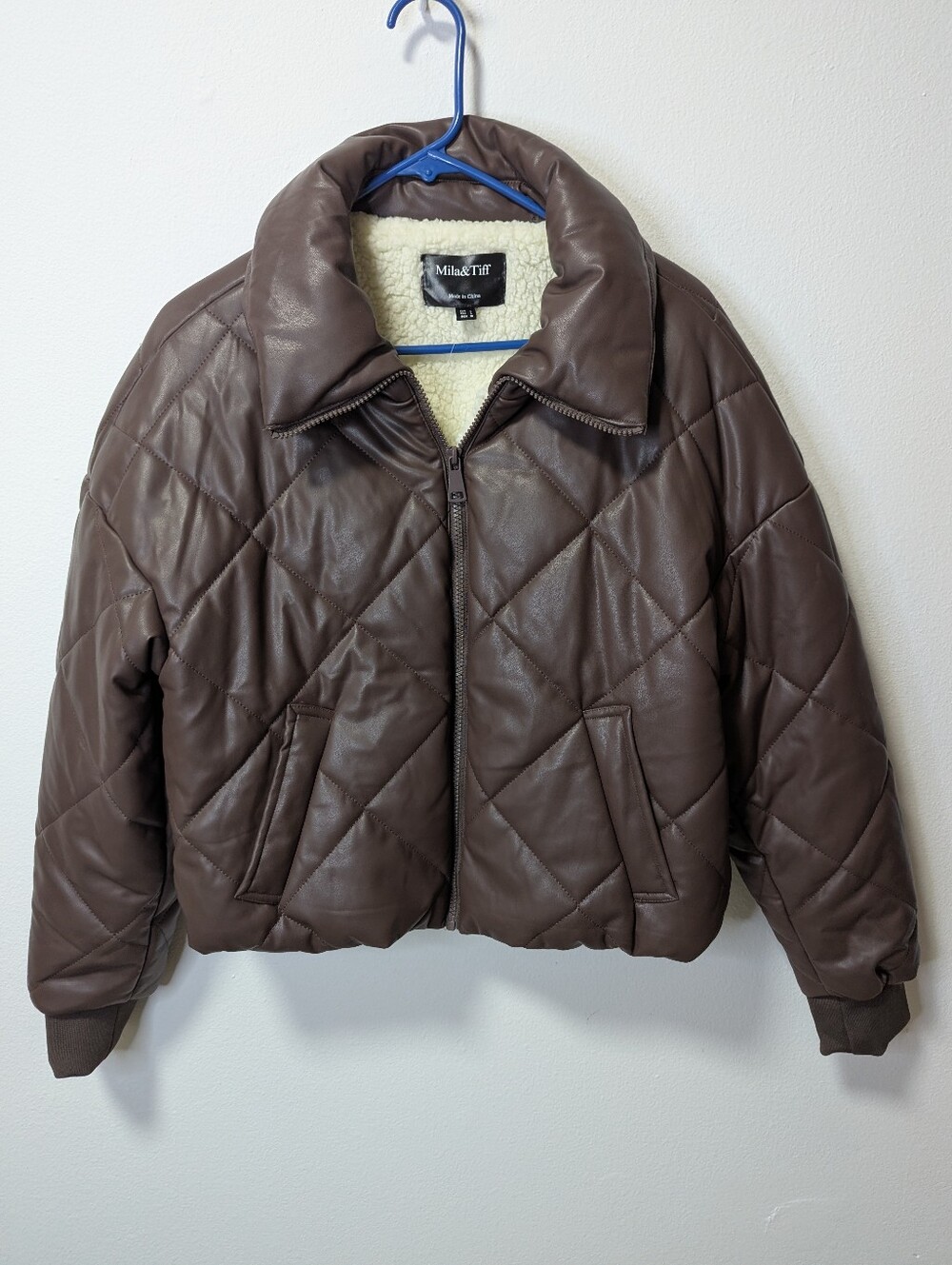 Mila & Tiff Quilted Faux Leather Bomber Jacket with Sherpa Lining- Brown